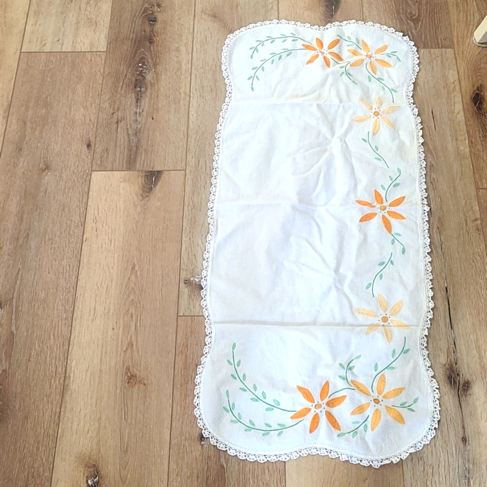 Doilie white green Orange yellow long dresser decor home runner antique retro